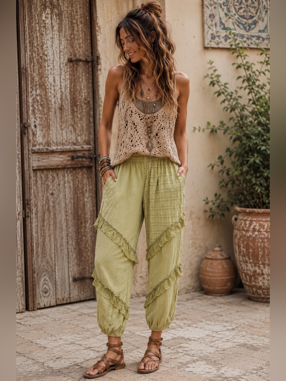Young Threads NWT Sage Green Ruffle Harem Pants Medium Boho